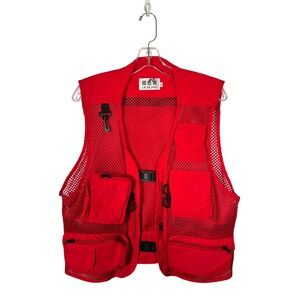Red Utility Fishing Vest Mesh Pocket Gorpcore Tactical Streetwear Top Large